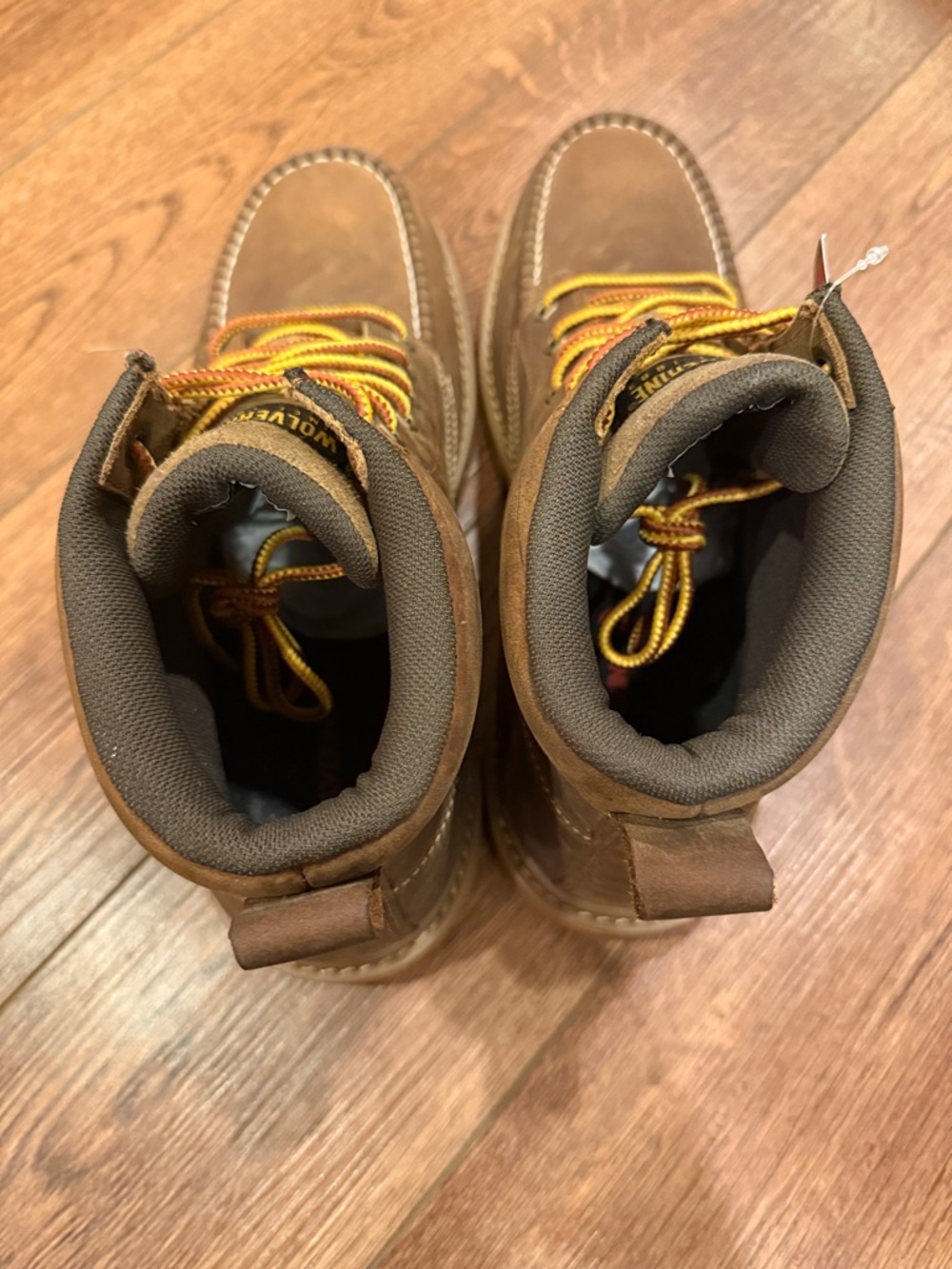 Wolverine Brown Leather Moc Toe Work Boots with Tan Outsole - Picture 4 of 7